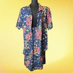 Vintage Fritzi Women's Plus Size Blue Pink Floral Hawaiian Shirt and Skirt Set